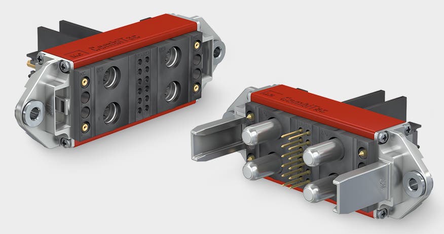 CombiTac connector system allows for individual combination of various contact types such as electrical, fluid, pneumatic in a compact frame or housing.