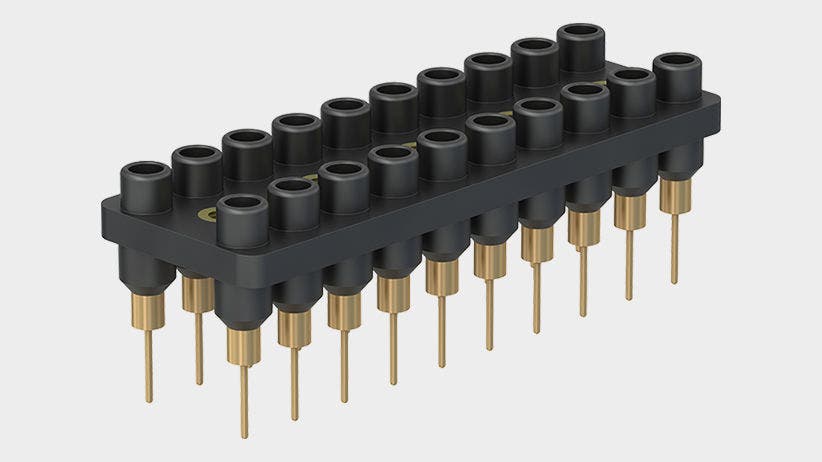 20-pole socket strips, consisting of 2 rows of 10 rigid sockets with solder connection. No need for individual mounting of sockets: Simplified panel drilling, orientation of solder connections and compact mounting with only 5 screws. With socket spacings of 12 mm.