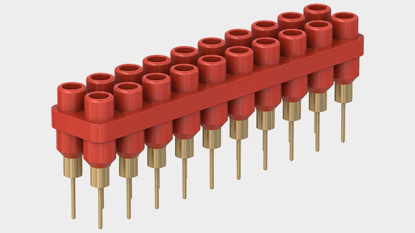 20-pole socket strips, consisting of 2 rows of 10 rigid sockets with solder connection. No need for individual mounting of sockets: Simplified panel drilling, orientation of solder connections and compact mounting with only 5 screws. With socket spacings of 6 mm