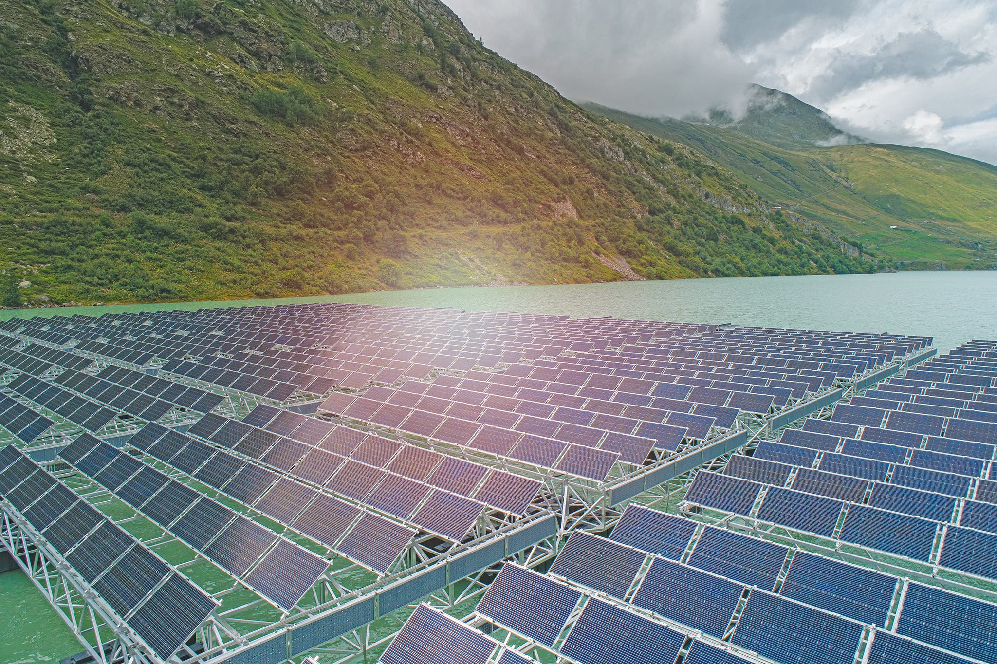 Lac de Toules, Valais, Switzerland, floating PV plant (FPV)