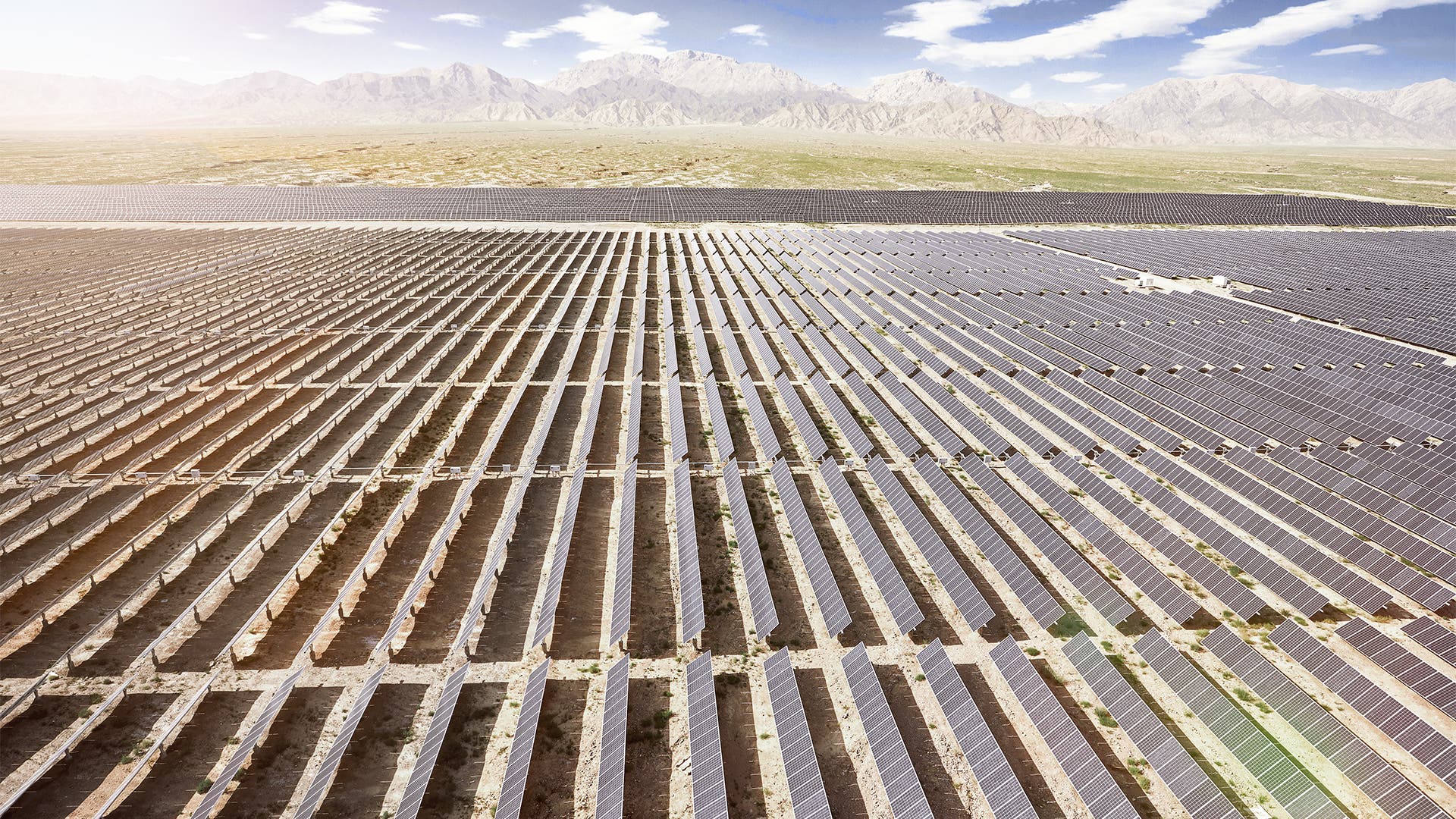 Aerial photography of a large solar photovoltaic power station in the desert
