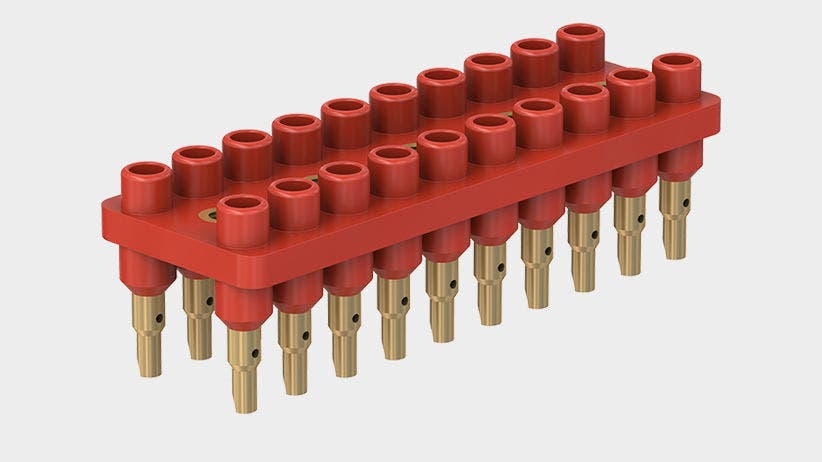 20-pole socket strips, consisting of 2 rows of 10 rigid sockets with solder connection. No need for individual mounting of sockets: Simplified panel drilling, orientation of solder connections and compact mounting with only 5 screws. With socket spacings of 12 mm.