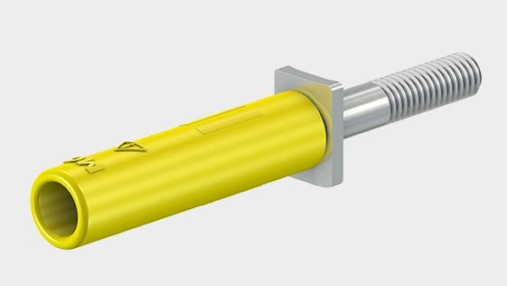 Teaser image with screw-in adapter A-SLK4-RS, insulated, with M3.5 external thread for connecting to rail mounted terminals with M3.5 threaded holes. Machined brass.