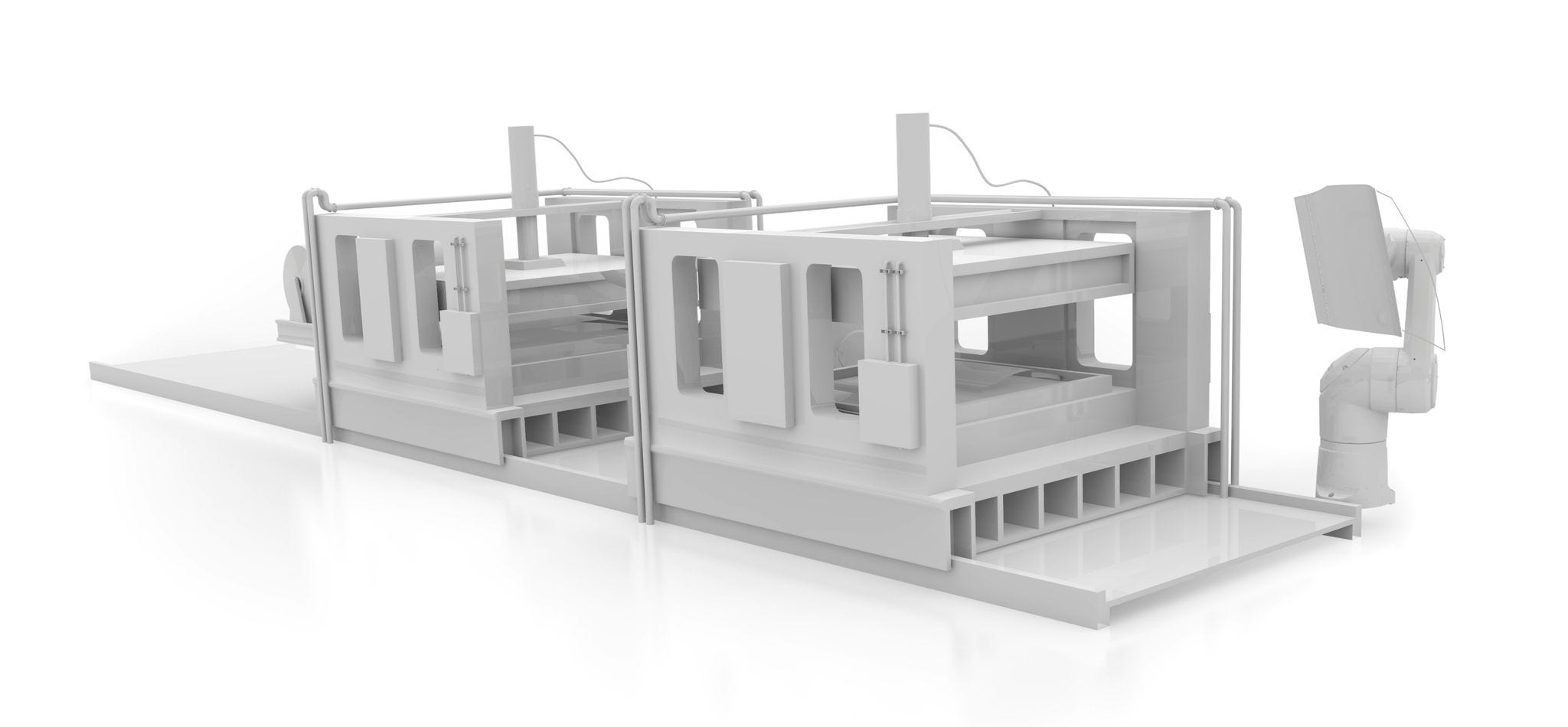 3D rendering of an industrial setup featuring two large stamping machines with a robotic arm positioned beside them, designed for automated manufacturing processes.
