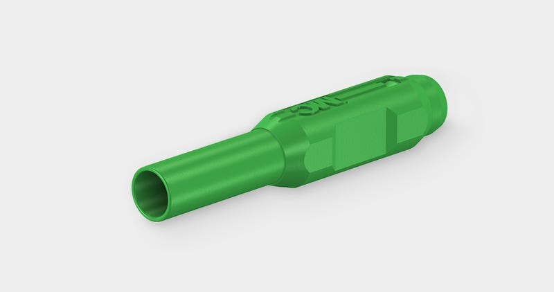 Product image with in-line, gold-plated Ø 2 mm rigid MS205-S plug, for self-assembly of connecting leads. With rigid insulating sleeve.