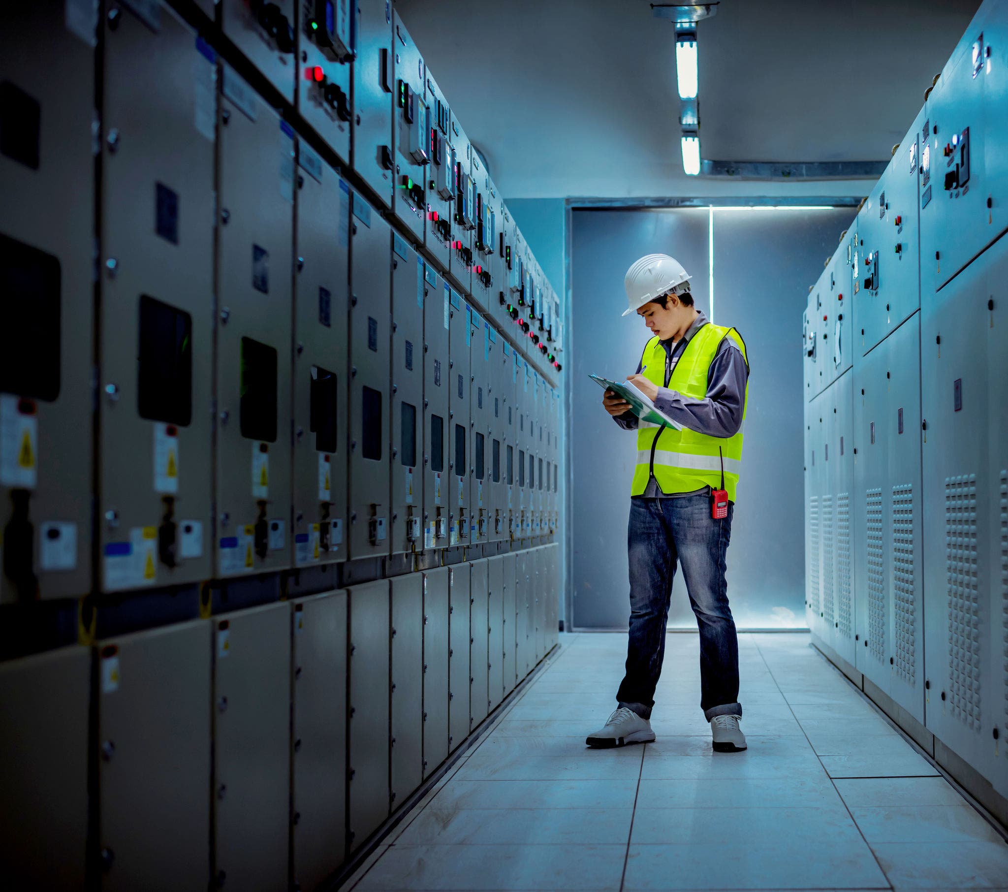 The engineer checking and inspecting at MDB panel .he working with electric switchboard to check range of voltage working in Main Distribution Boards factory.; Shutterstock ID 1757997965; purchase_order: Jasmin Zehnder