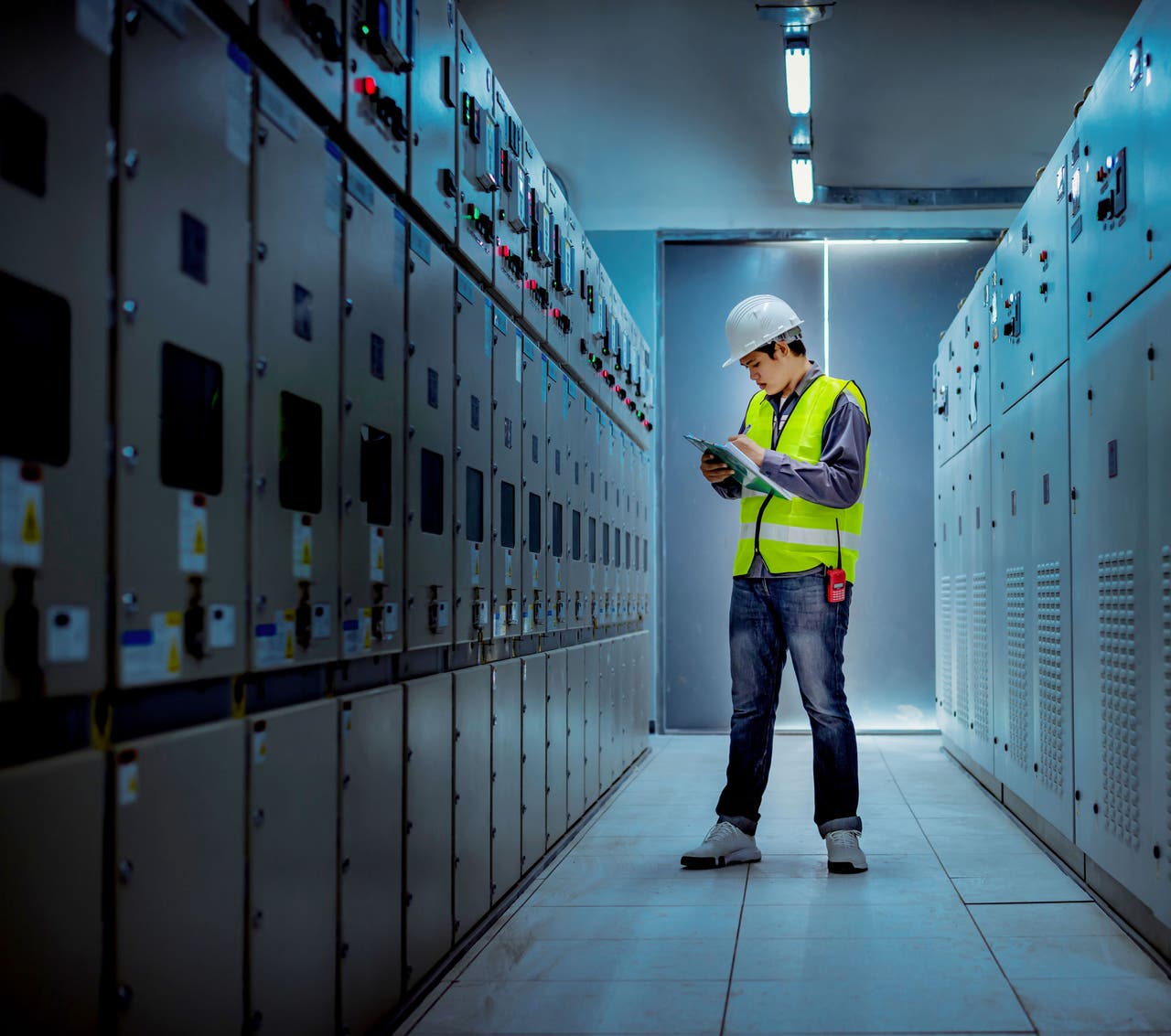 The engineer checking and inspecting at MDB panel .he working with electric switchboard to check range of voltage working in Main Distribution Boards factory.; Shutterstock ID 1757997965; purchase_order: Jasmin Zehnder