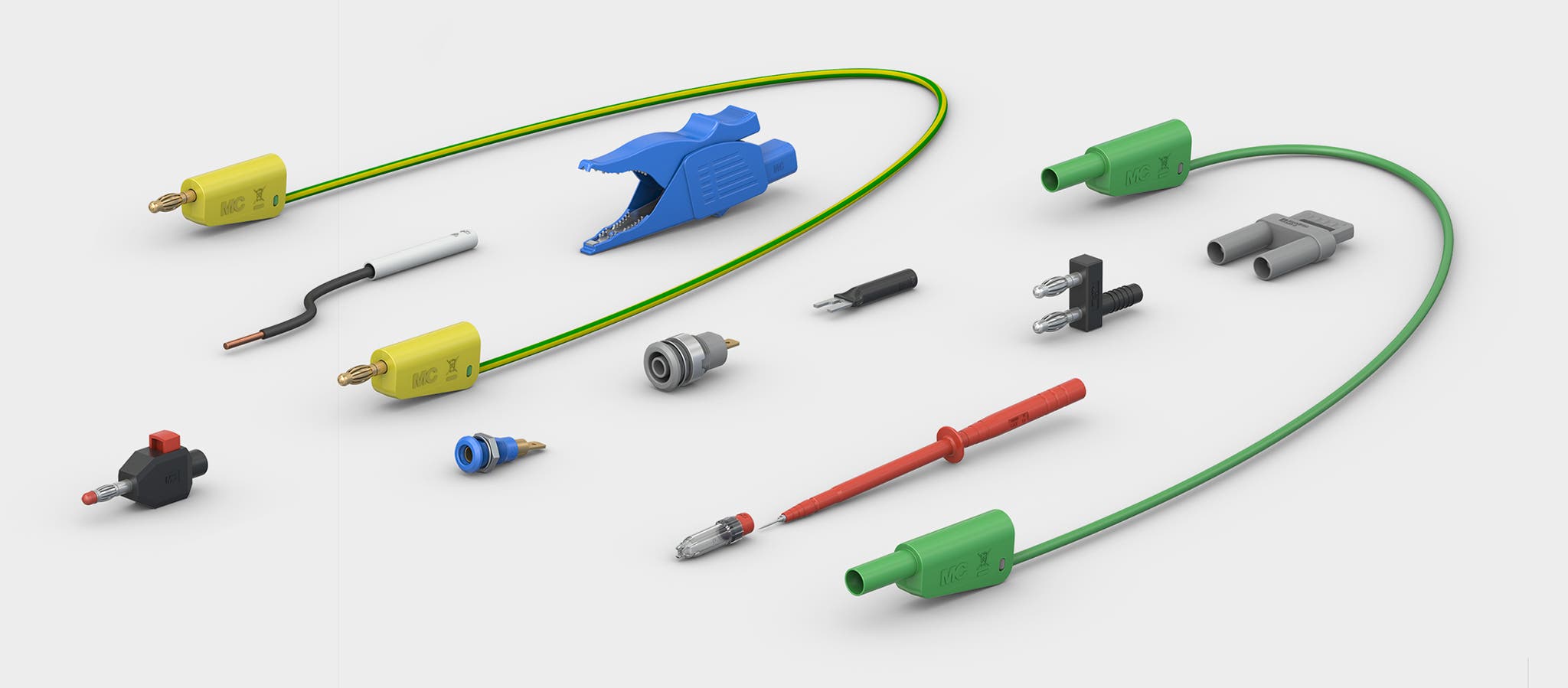 Teaser image with test leads, test probes, plugs, sockets, for low and extra-low voltages, touch-protected, accessories for measurements at the mains supply source.