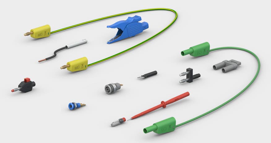 Product image with test leads, test probes, plugs, sockets, for low and extra-low voltages, touch-protected, accessories for measurements at the mains supply source.