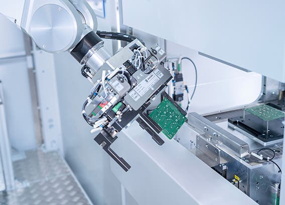 Stäubli robot being used for assisted testing of printed circuit boards in automotive electronics.