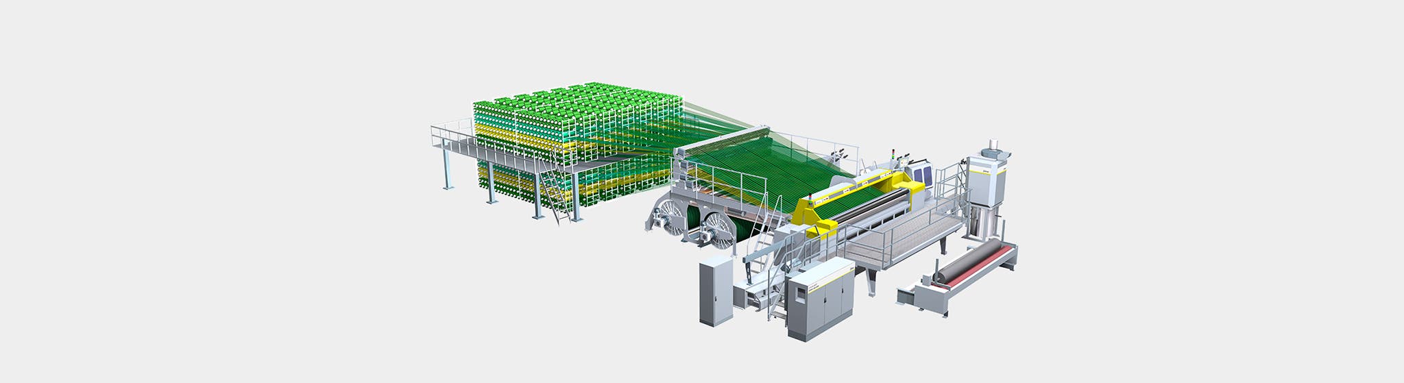 Carpet weaving system ALPHA 500 LEANTEC for producing greige material for printing, artificial grass and high-pile carpets (shaggy)