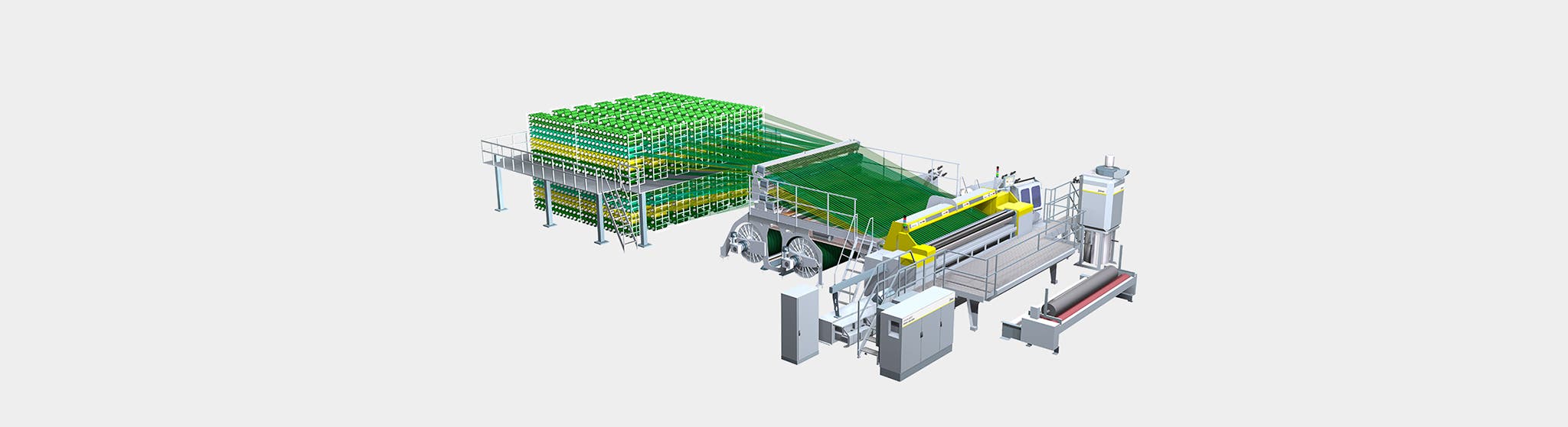 Carpet weaving system ALPHA 560 LEANTEC for producing greige material for printing, artificial grass and high-pile carpets (shaggy)