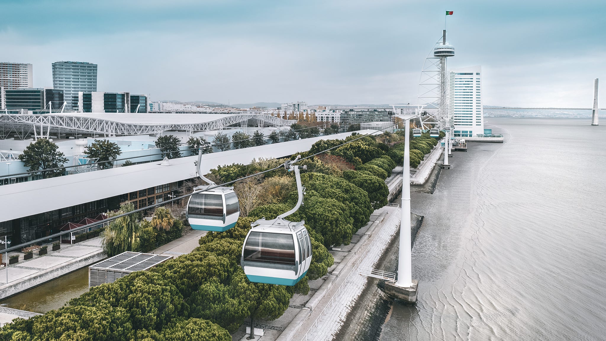Aerial photo of cable car and viewpoint tower. Sightseeing in Lisbon, Portugal.
