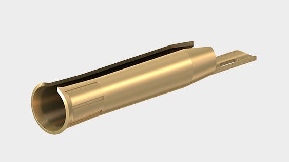 Teaser image with uninsulated Ø 2 mm rigid socket, made of rolled brass sheet. Mounting by pressing or soldering into holes drilled in printed circuit boards or housings.