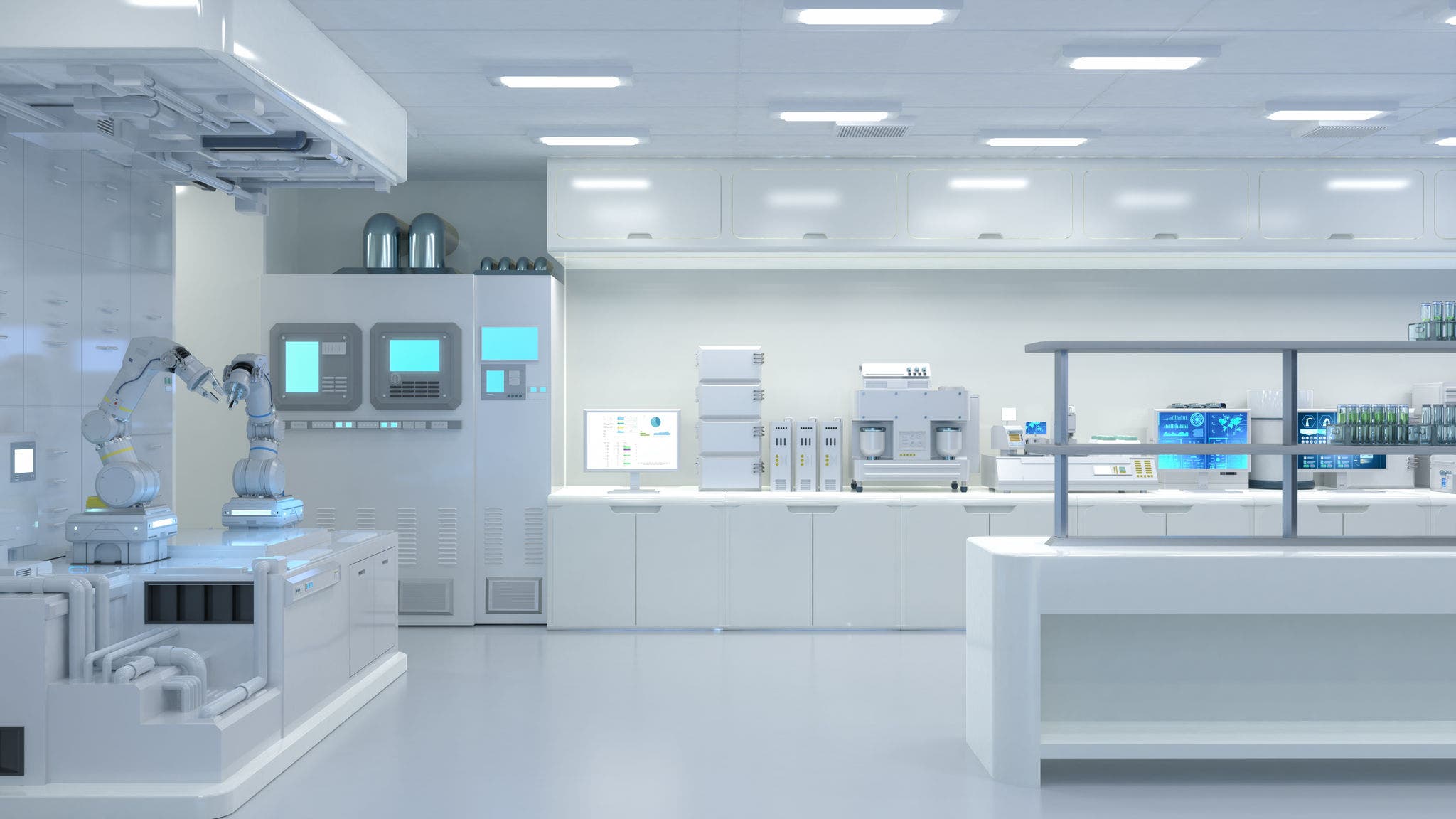 3d rendering white futuristic laboratory interior in semiconductor manufacturing factory with machine, computer screen and robotic arms ; Shutterstock ID 2222846919; purchase_order: Mélissa PILOTTI