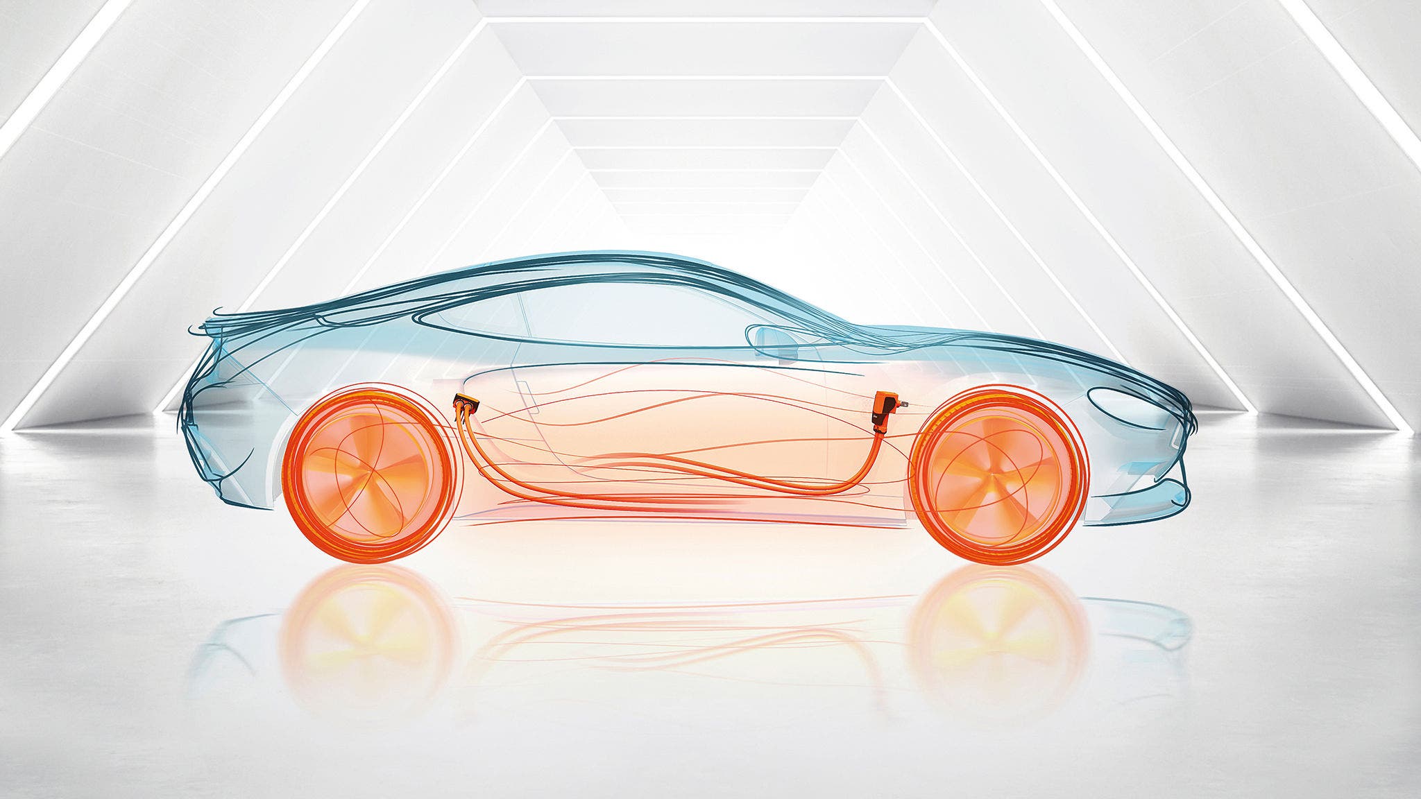 Side view of transparent electric vehicle showing internal components and wiring, highlighted in orange and blue, in a futuristic tunnel environment