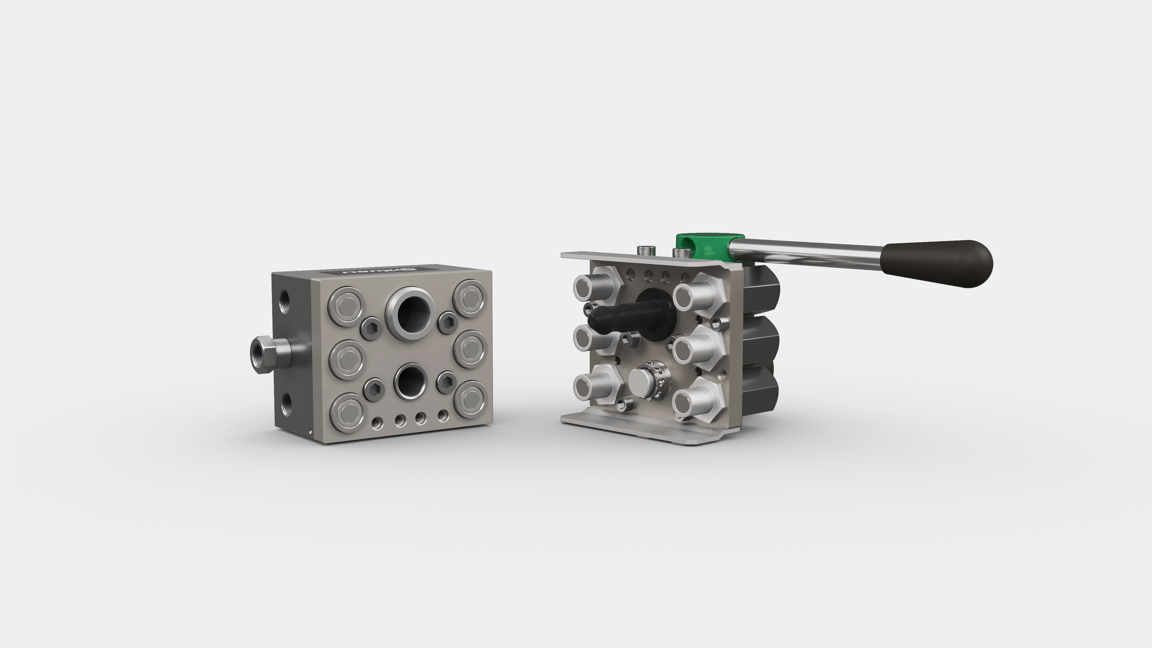 Close-up view of industrial multi-coupling equipment featuring multiple connection ports and a handle mechanism, used for efficient fluid or power transfer.