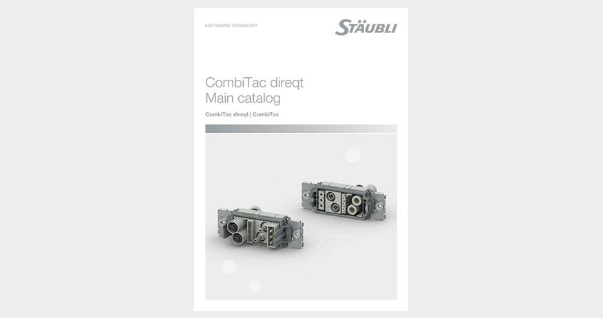 Product image with the catalog of our modular connector system CombiTac direqt, the latest generation of modular connectors for power, signal, and pneumatic connections up to 10,000 mating cycles. The new user-friendly, tool-free click-and-connect system allows you to assemble your modular connector system in the most time-saving way.