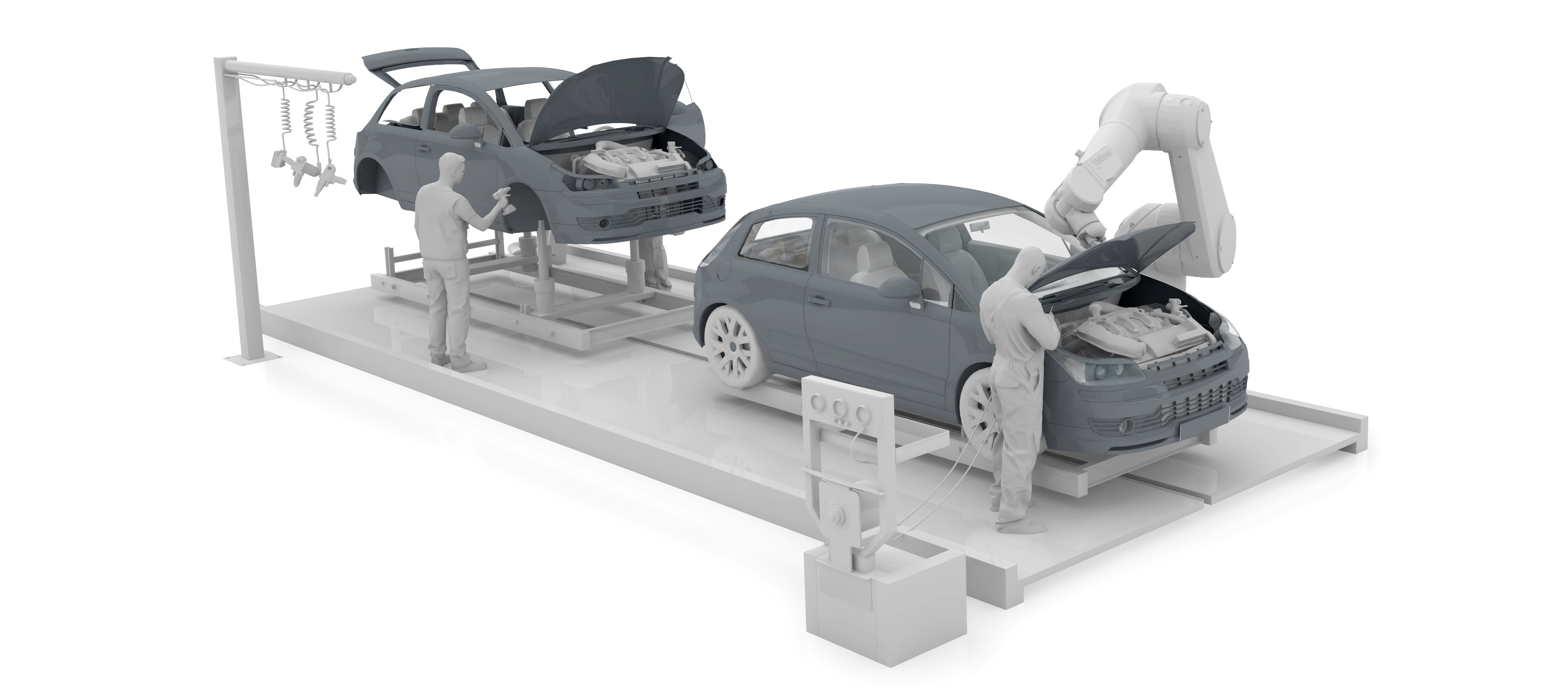 Illustration of an automotive assembly line featuring two cars being worked on by human technicians and a robotic arm, highlighting a blend of manual and automated manufacturing processes.