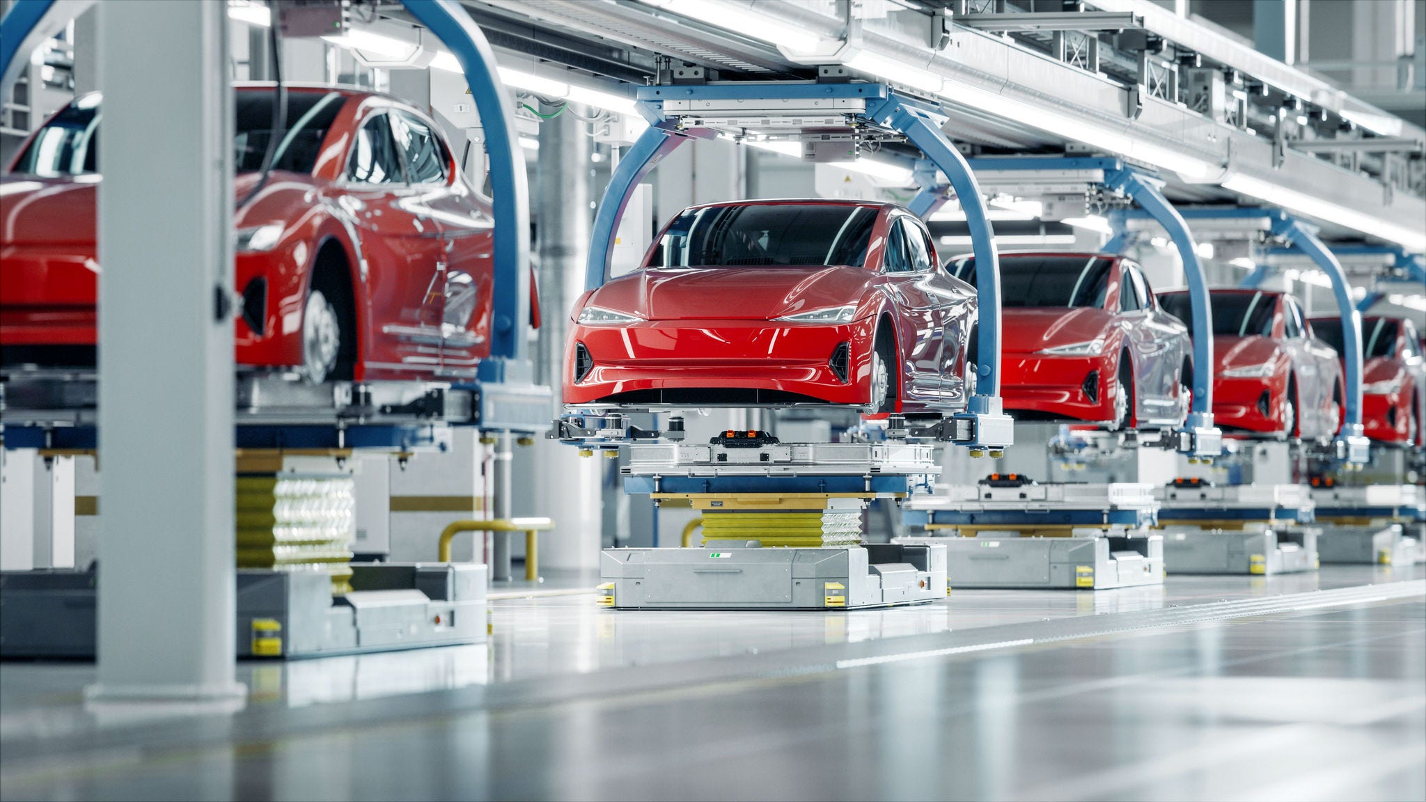 EV Production Line on Advanced Automated Smart Factory. High Performance Electric Car Manufacturing. Car Batteries Installation on Electric Vehicles on Assembly line. Automotive Plant.; Shutterstock ID 2374438937; purchase_order: Jasmin Zehnder