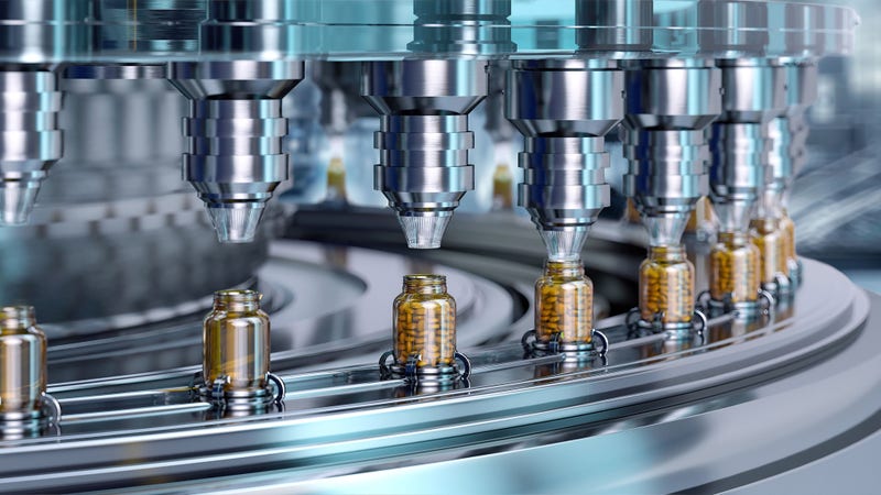 Automated tablet filling machine with glass bottles on a production conveyor line. Pharmaceutical industry, automation, drug manufacturing technology, medicine industrial innovation, pharmacology, 3D; Shutterstock ID 2671206909; purchase_order: Marcel Christen