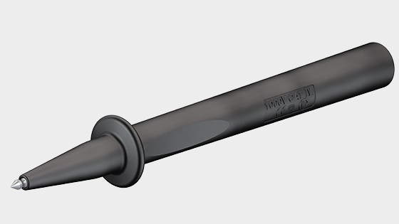 Teaser image with test probe BT400, Ø 2 mm, made of Monel. Ø 4 mm rigid socket in insulator accepting spring-loaded Ø 4 mm plugs with rigid insulating sleeve.