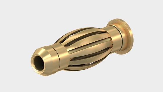 Teaser image with reducer adapter R4/2, uninsulated, Ø 4 mm plug, made of brass, with spring-loaded MULTILAM. Ø 2 mm rigid socket, accepting spring-loaded Ø 2 mm plugs.