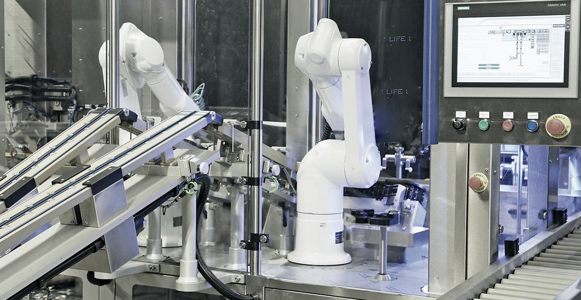 Two Stäubli six-axis robots separate out the empty syringes and group the filled ones at a cycle rate of 600 units per minute.