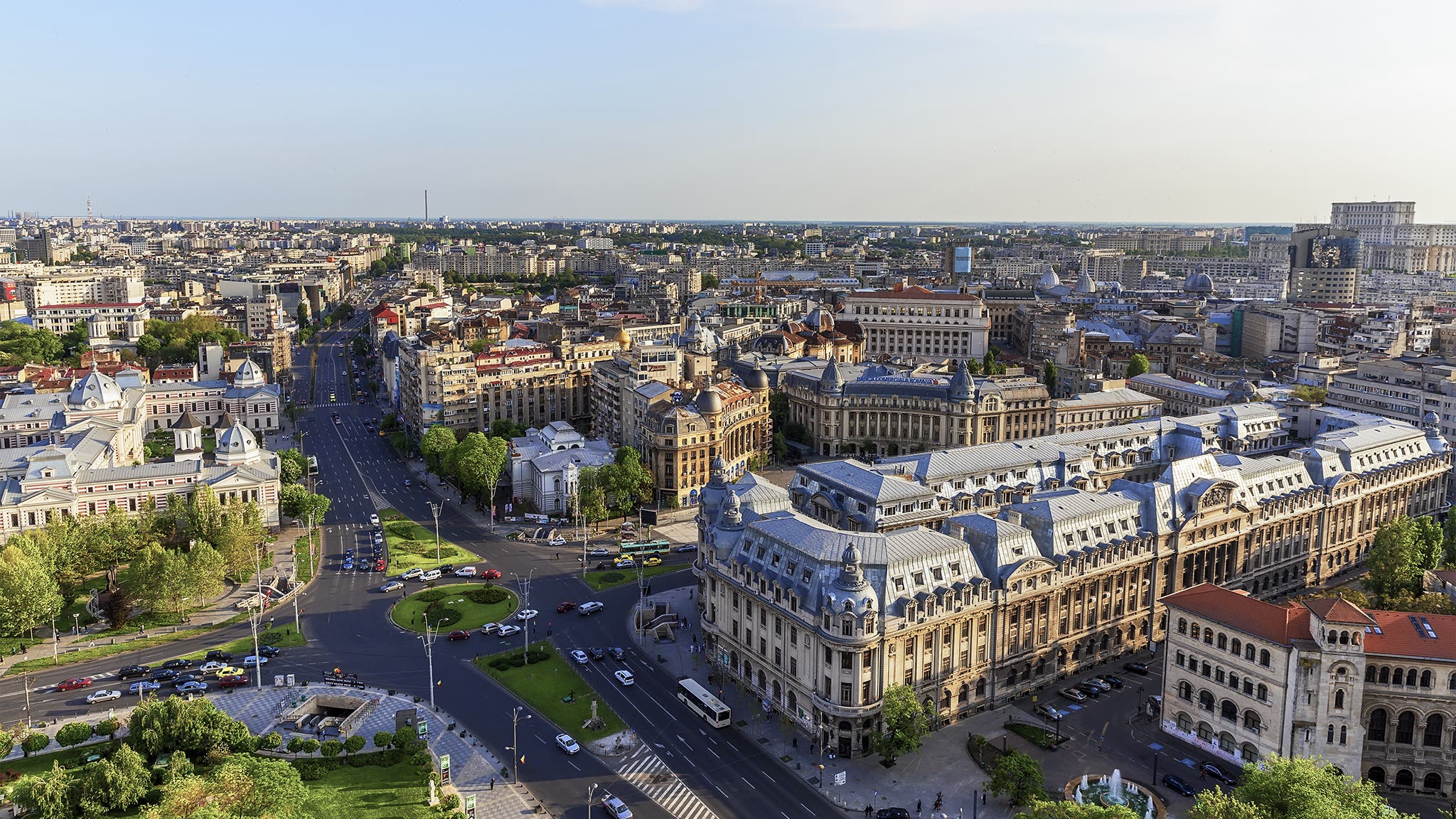 Bucharest, Romania - May 2, 2017: Areal view of University square w in the downtown of romanian capital city.