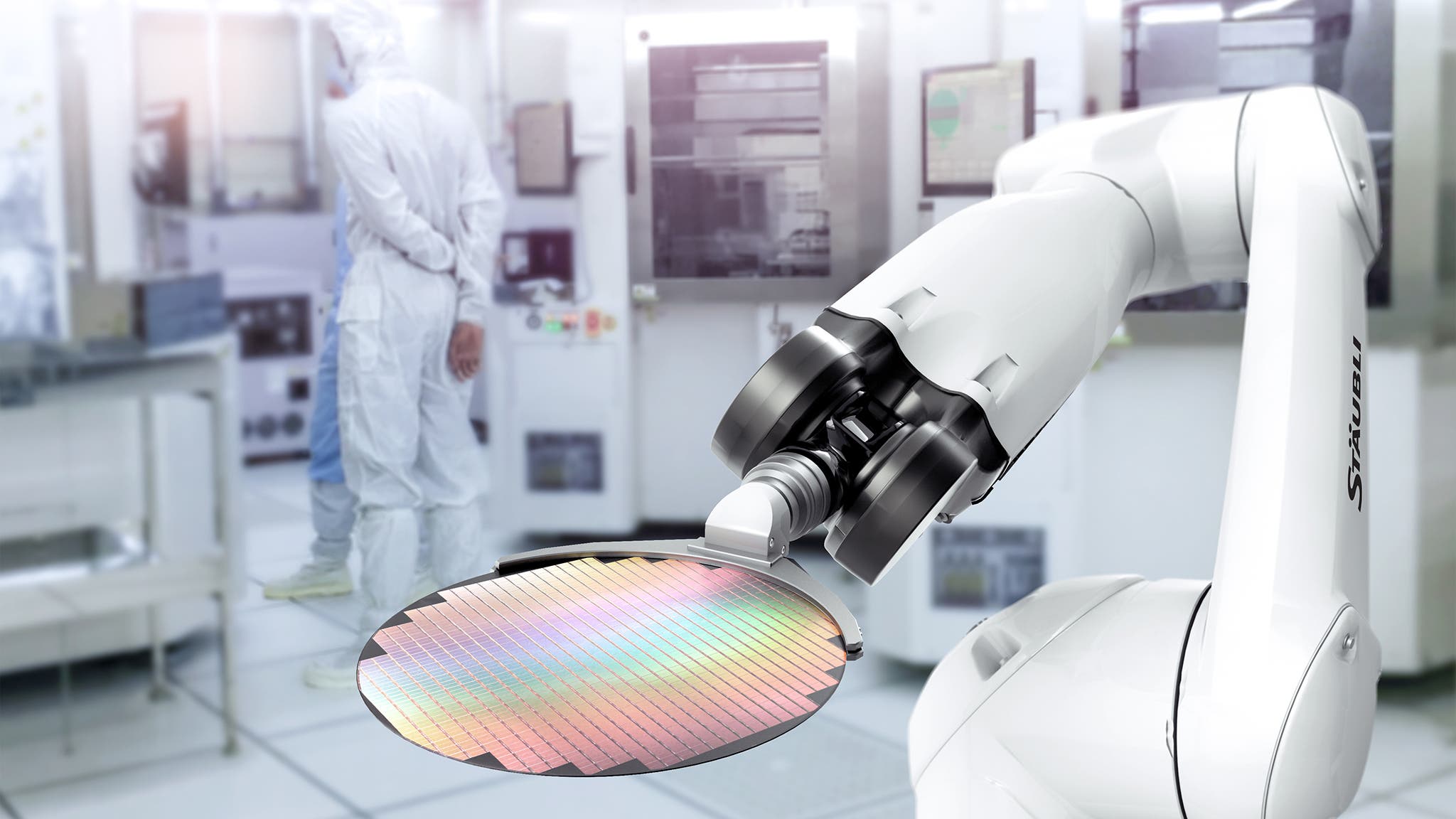 Cleanroom robot handles a wafer in a semiconductor fabrication plant (FAB).