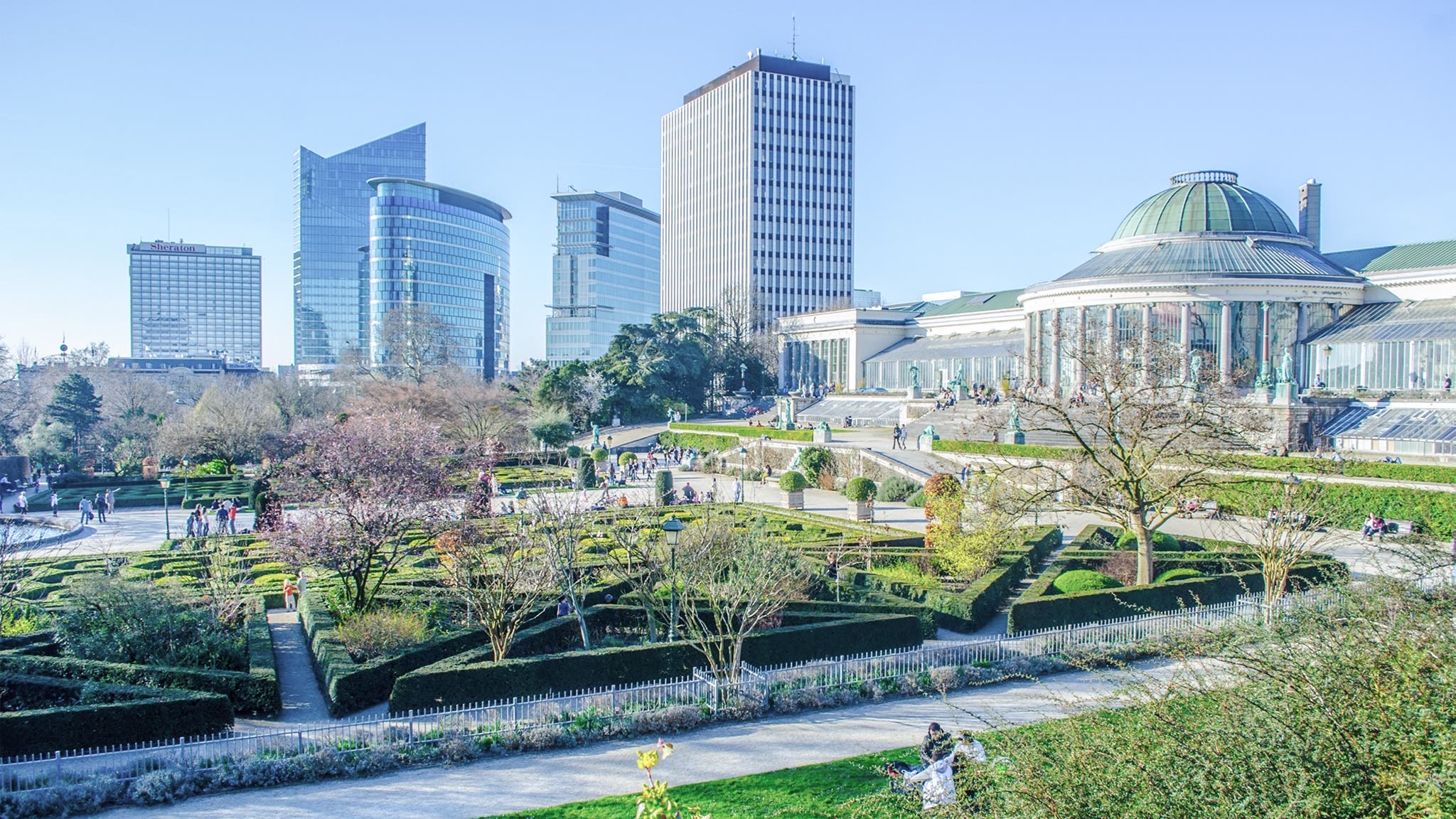 The Jardin Botanique and modern skyscrapers in Brussels, Belgium