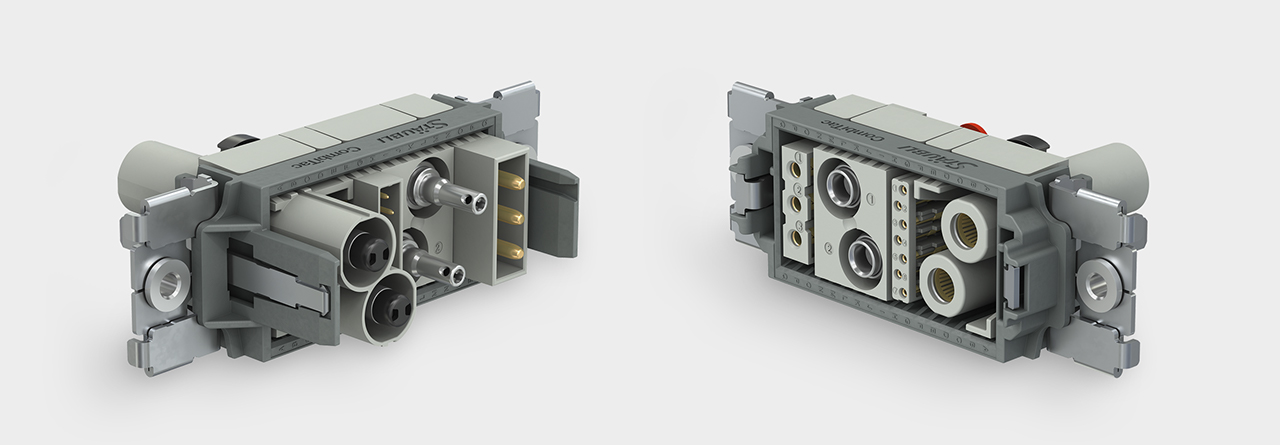 Image d’en-tête pour CombiTac direqt, la dernière génération de connecteurs modulaires pour les connexions de puissance, de signal et pneumatiques jusqu’à 10 000 cycles d’embrochage.