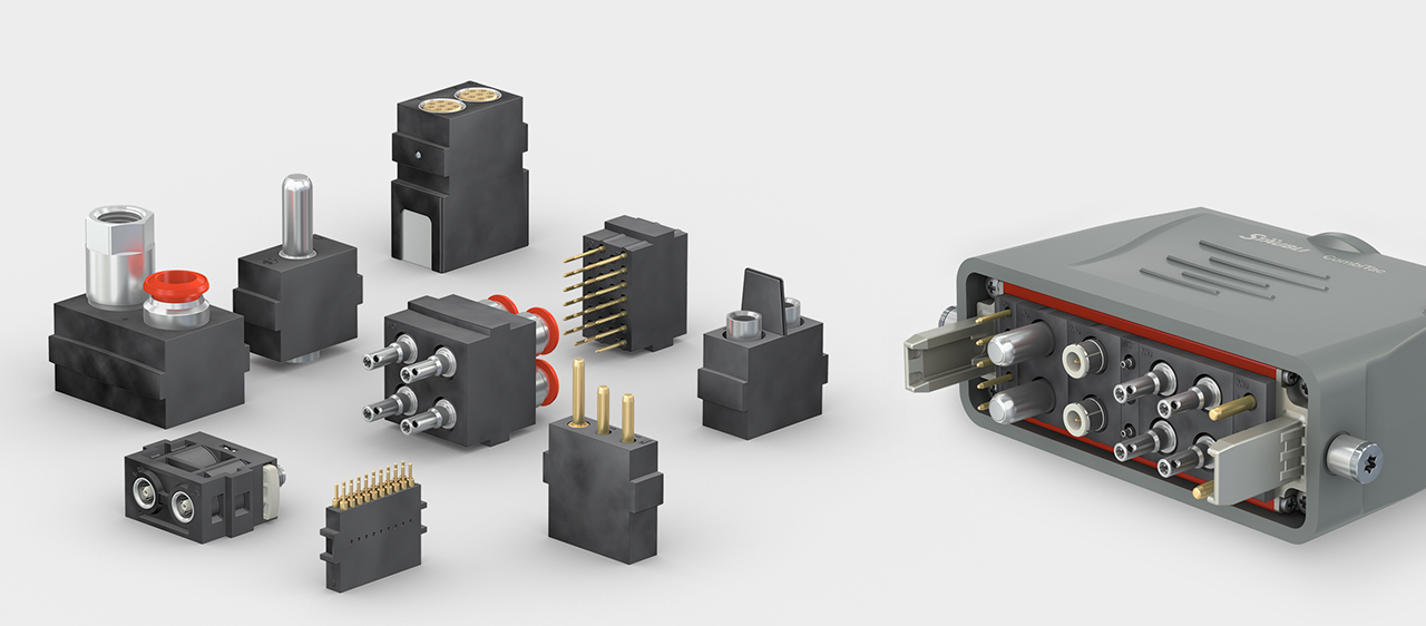 Header image with various contacts and a housing, dedicated to the modular connection system CombiTac
