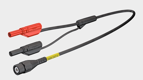 Teaser image with adapter lead XLAM-446/SC, highly flexible, fully shielded adapter leads. One end with coaxial cable with touch-protected BNC male connector, other end with stackable Ø 4 mm MULTILAM plugs.