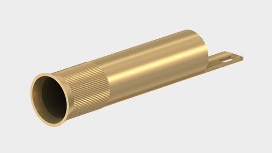 Teaser image with press-in socket LB4-A, uninsulated, Ø 4 mm, rigid, made of rolled brass sheet. The socket is pressed into predrilled plastic panels or soldered into printed circuit boards.