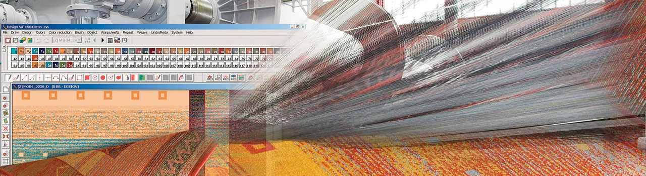Carpet weaving software solutions CSS for creating carpet patterns and optimizing the positionning of different sized rugs to be woven on the carpet machine.