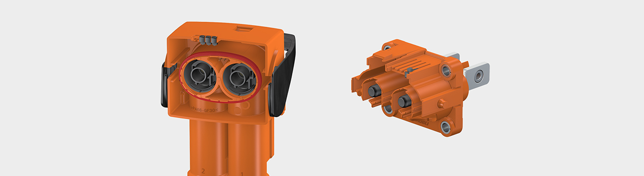 Header image with the powerful two-pole e-mobility connector PerforMore, designed for use in different interfaces along the drive train.