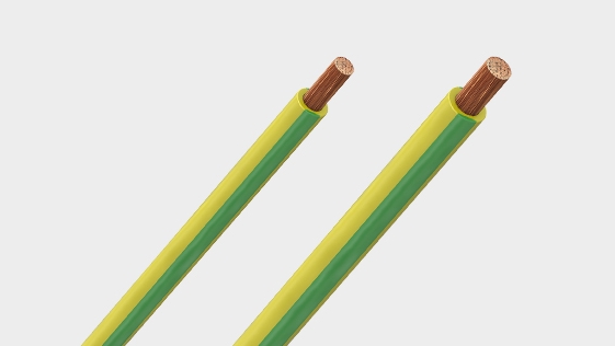 Teaser image with FLEXI-S/POAG-HK, highly fexible, reinforced insulated stranded wire. Green-yellow insulation with helical green stripe.