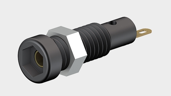 Teaser image with panel-mount socket LB2-IF, insulated, Ø 2 mm socket, with spring-loaded MULTILAM. The socket can be screw-mounted in predrilled panels.