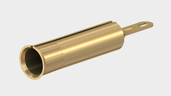 Teaser image with press-in socket LB4, uninsulated, Ø 4 mm, rigid socket, made of rolled brass sheet. The socket is pressed into predrilled plastic panels or soldered into printed circuit boards.