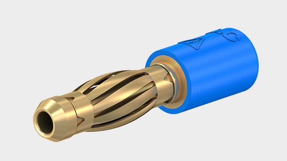 Teaser image with reducer adapter R4/2-A, insulated, Ø 4 mm plug, made of brass, with spring-loaded MULTILAM. Ø 2 mm rigid socket in insulator accepting spring-loaded Ø 2 mm plugs.
