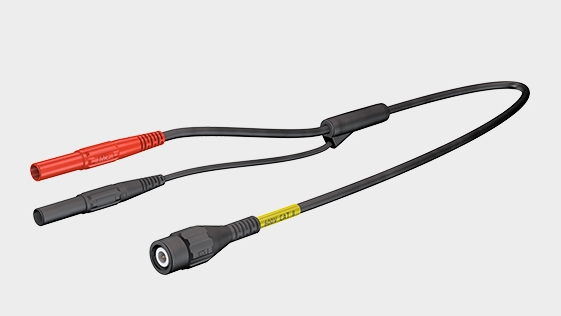 Teaser image with adapter lead XLAM-414/SC, highly flexible, fully shielded adapter leads. One end with coaxial cable with touch-protected BNC male connector, other end with in-line Ø 4 mm MULTILAM plugs.