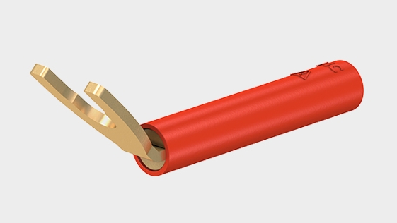 Teaser image with cable lug adapter B4-I/KA, made of brass for permanent installation, e.g. for connecting screw terminals. Fork lug bent to an angle of 45°.
