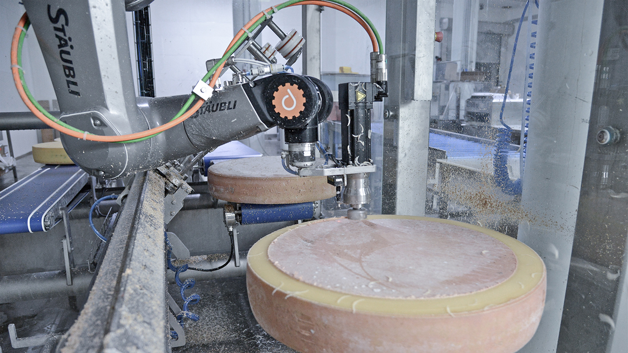 Robot removes rind quickly and precisely ofr automated derinding of cheese application