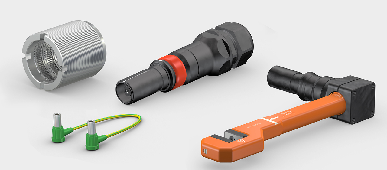 Header image with socket with MULTILAM connector, Single-pole round connectors with bayonet locking, rapid connection systems FSA and plugs, dedicated to single pole industrial connectors