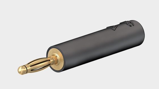 Teaser image with adapter A2/4, Ø 2 mm, made of brass, with spring-loaded MULTILAM. Ø 4 mm rigid socket in insulator accepting spring-loaded Ø 4 mm plugs with rigid insulating sleeve.