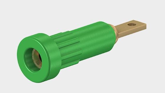 Teaser image with insulated Ø 2 mm rigid socket, made of machined brass. The socket is pressed into predrilled panels of plastic, metal. With flat connecting tab.